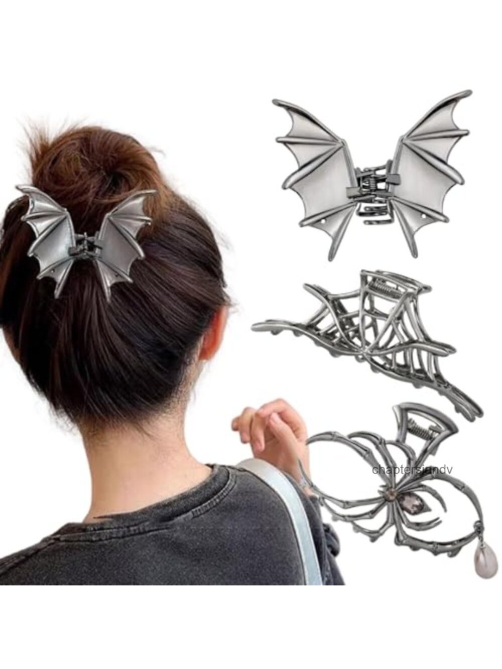 3PCS Spider Web Bat Hair Claw Clips Alloy Black Gun Plated Gothic Halloween